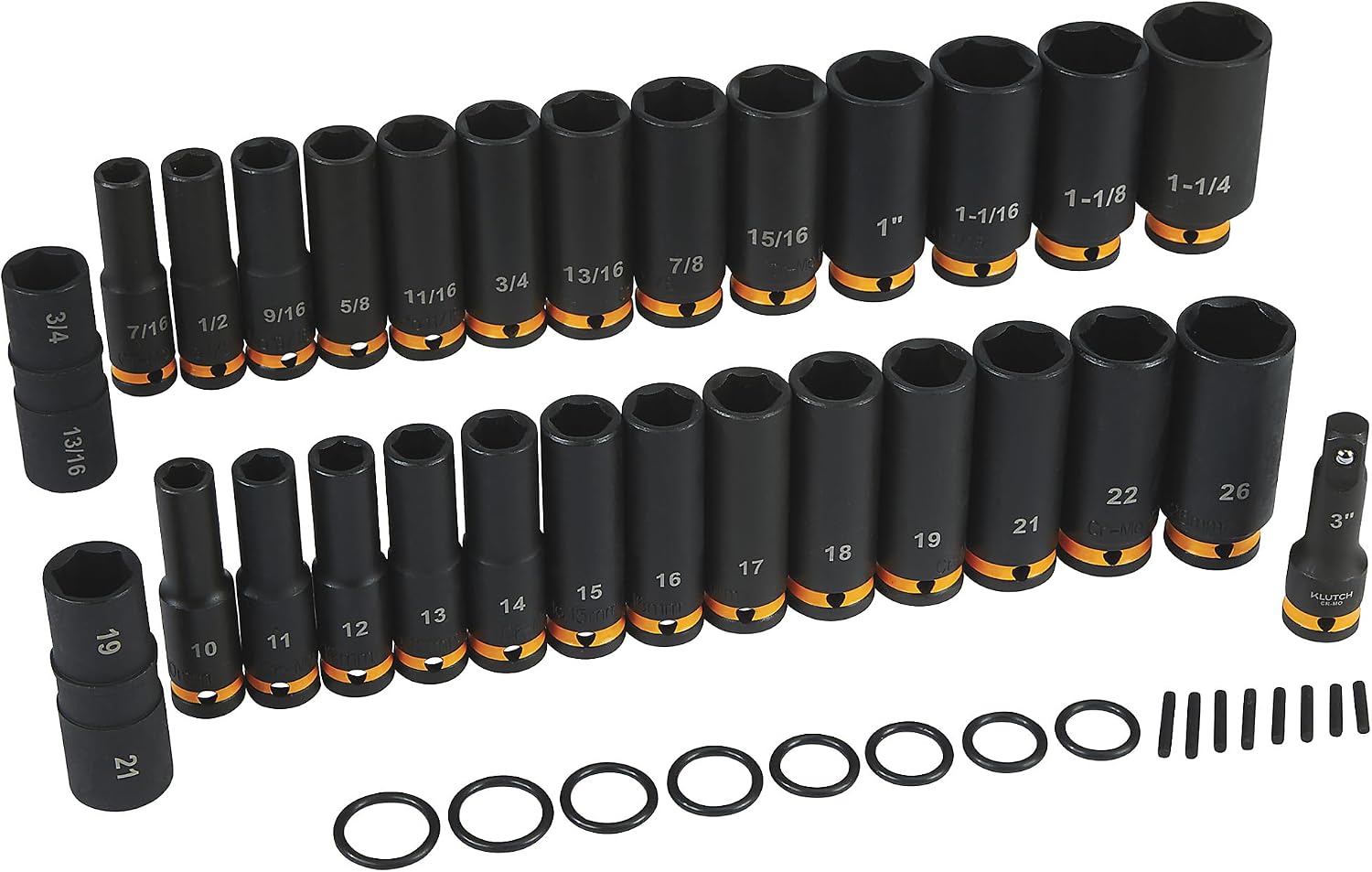 Klutch 1/2in.-Drive Deep Impact Socket Set, SAE + Metric, Chrome Molybdenum, 29-Pc.