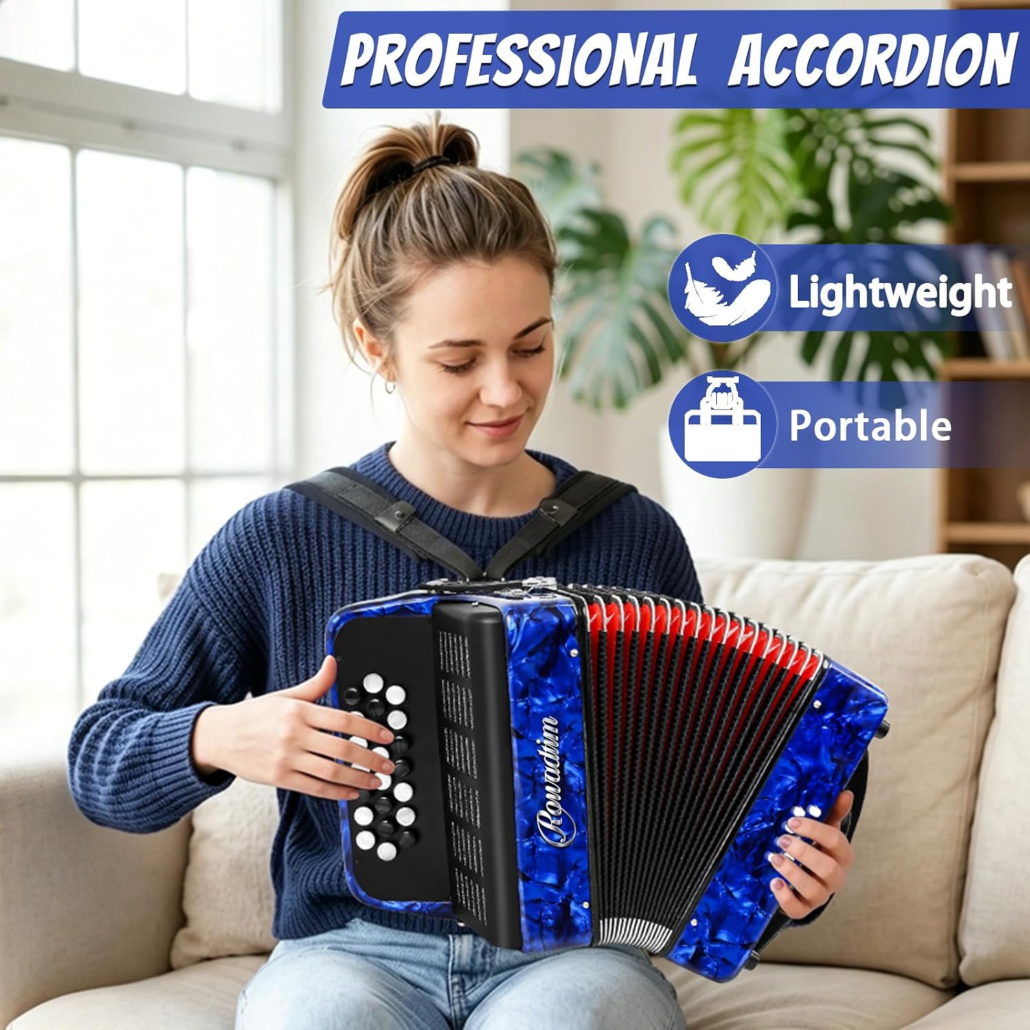 Accordions,22 keys Accordion,8 Bass Student Piano accordions Suitable for beginners and students Lightweight and portable, comes with a backpack and adjustable straps (8 Bass, Blue)
