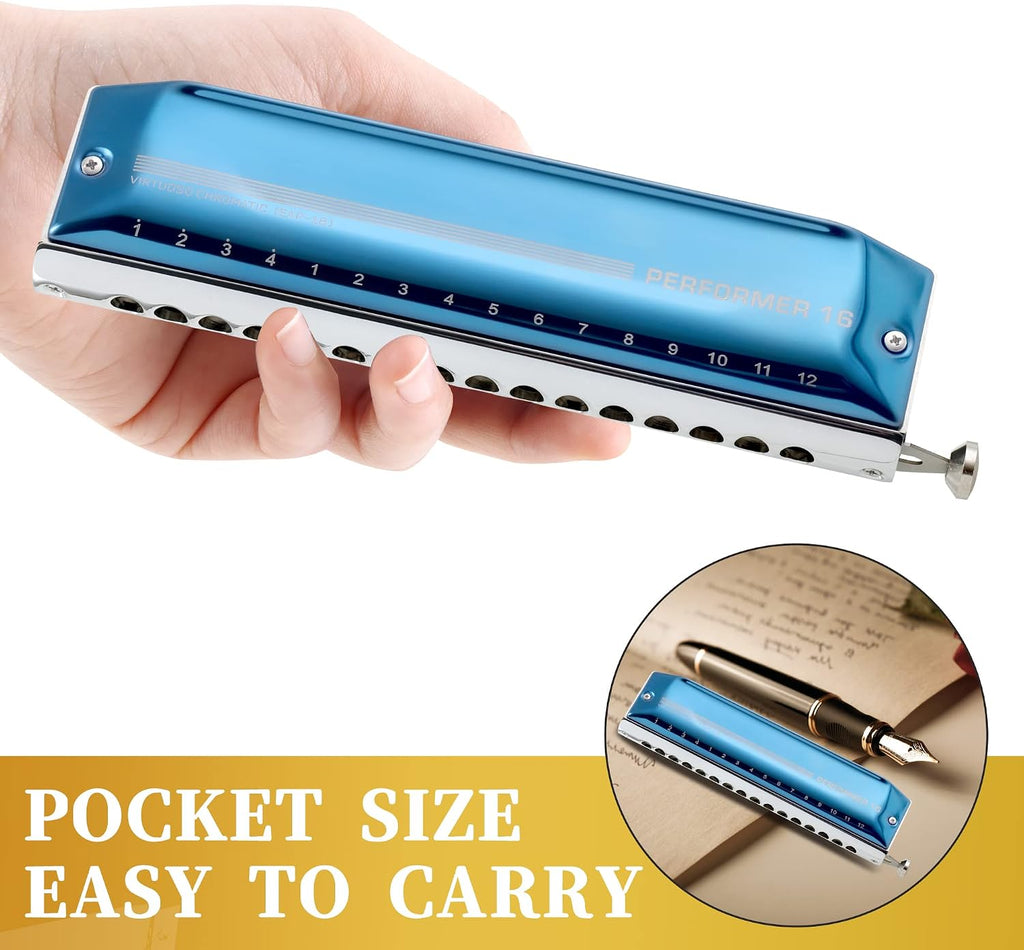 East top Chromatic Harmonica 16 Hole 64 Tone Key of C, Professional Advanced Mouth Organ For Adults, Students and Harmonica-Lovers with Blue Cover (EAP-16)
