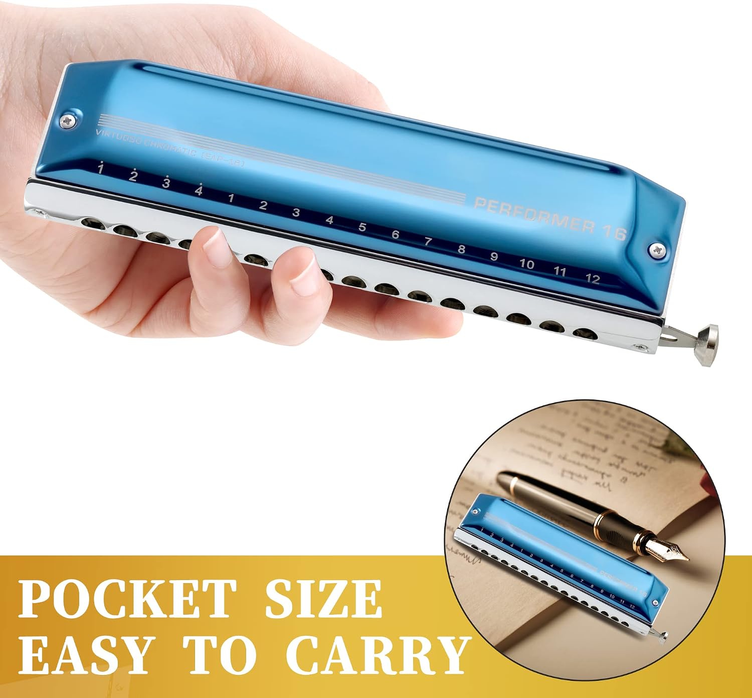 East top Chromatic Harmonica 16 Hole 64 Tone Key of C, Professional Advanced Mouth Organ For Adults, Students and Harmonica-Lovers with Blue Cover (EAP-16)