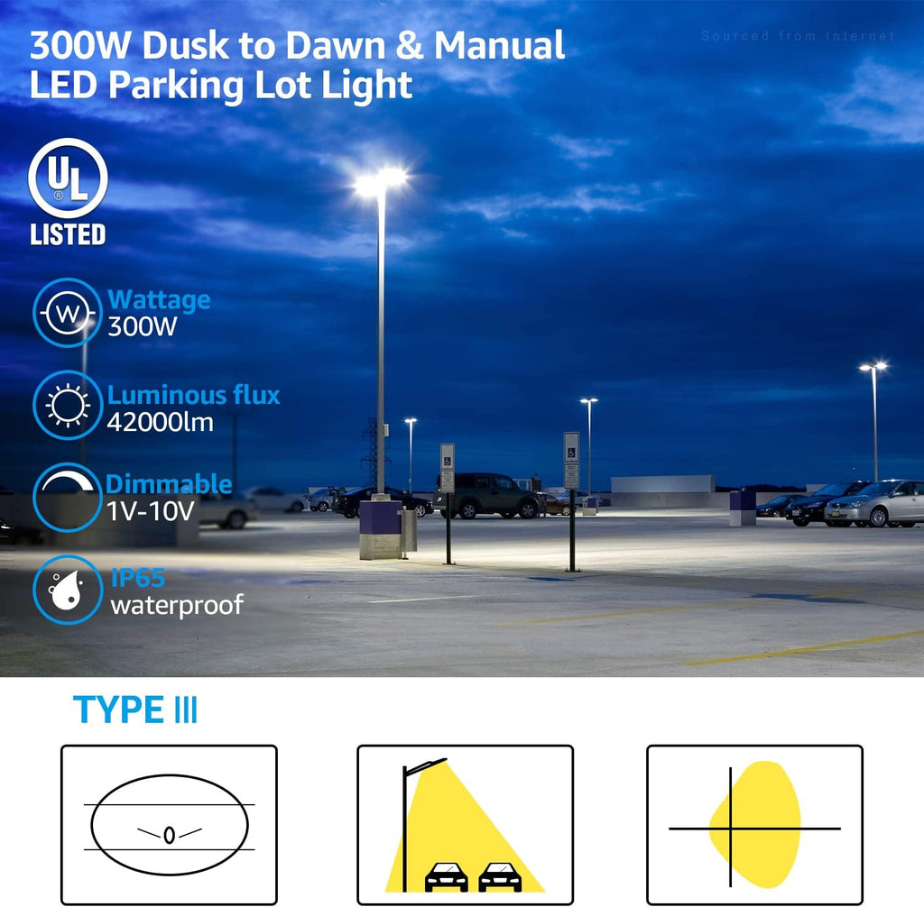 LEONLITE 300W LED Parking Lot Light, 1-10V Dimmable, Adjustable Arm Mount, 42,000lm UL & DLC Listed, Shoebox Pole Light with Photocell, 100-277V, Commercial Street Lighting, IP65, 5000K Daylight