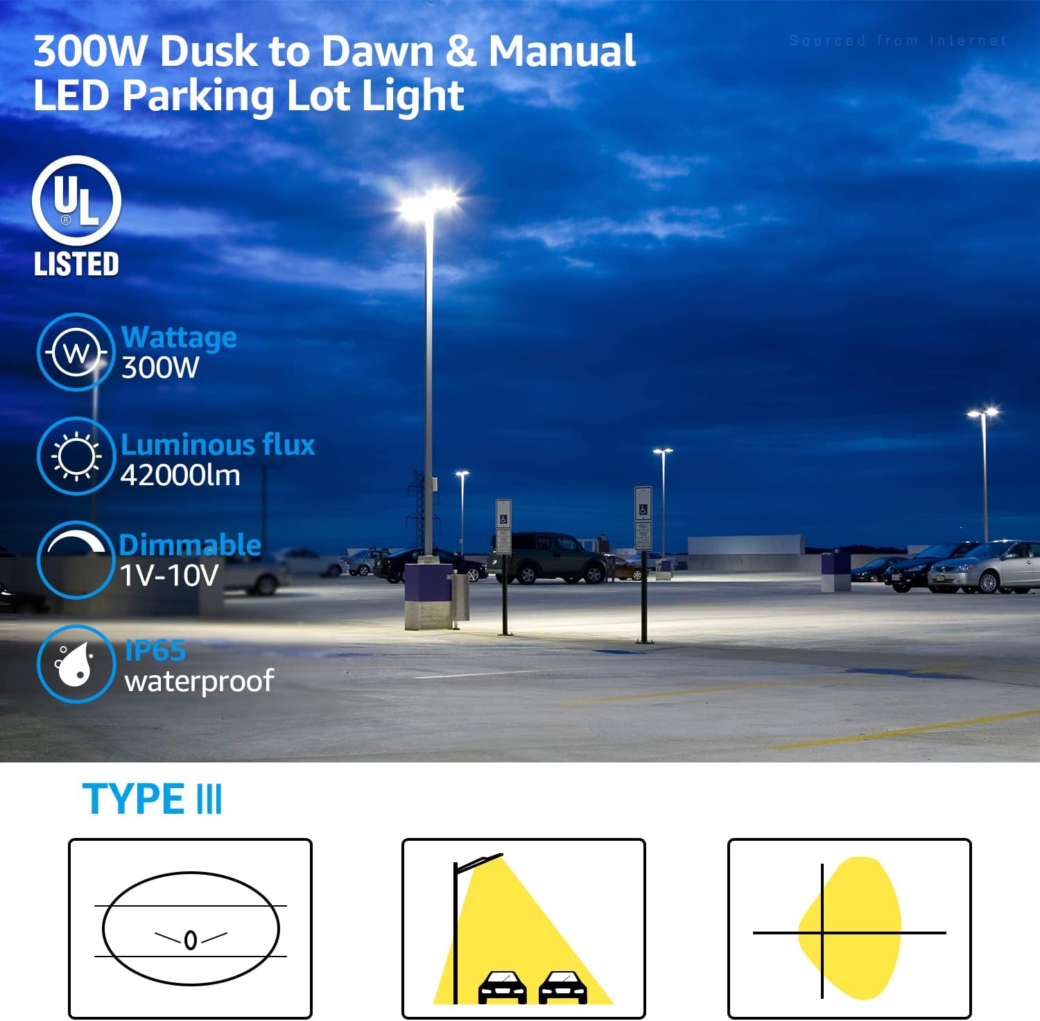 LEONLITE 300W LED Parking Lot Light, 1-10V Dimmable, Adjustable Arm Mount, 42,000lm UL & DLC Listed, Shoebox Pole Light with Photocell, 100-277V, Commercial Street Lighting, IP65, 5000K Daylight