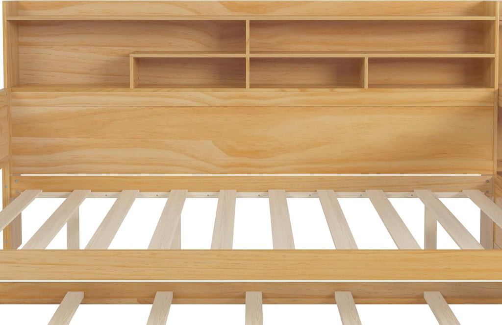 Harper & Bright Designs Full Size Wooden Daybed with Storage Shelves, Multi-Functional Corner Bed Frame with Twin Size Trundle Bed and Study Desk for Kids Teen, Natural