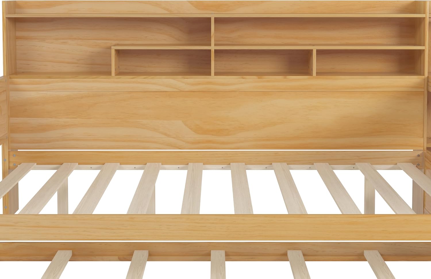 Harper & Bright Designs Full Size Wooden Daybed with Storage Shelves, Multi-Functional Corner Bed Frame with Twin Size Trundle Bed and Study Desk for Kids Teen, Natural
