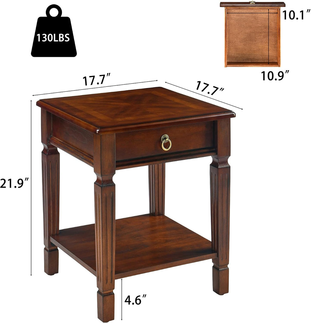 End Side Table Set of 2 with Storage Drawer and Shelf, Farmhouse Sofa Beside Table with Carved Wood Legs, 21.9'H Nightstand for Living Room, Square Corner Tables, Easy Assembly, Dark Cherry BZ-D1258