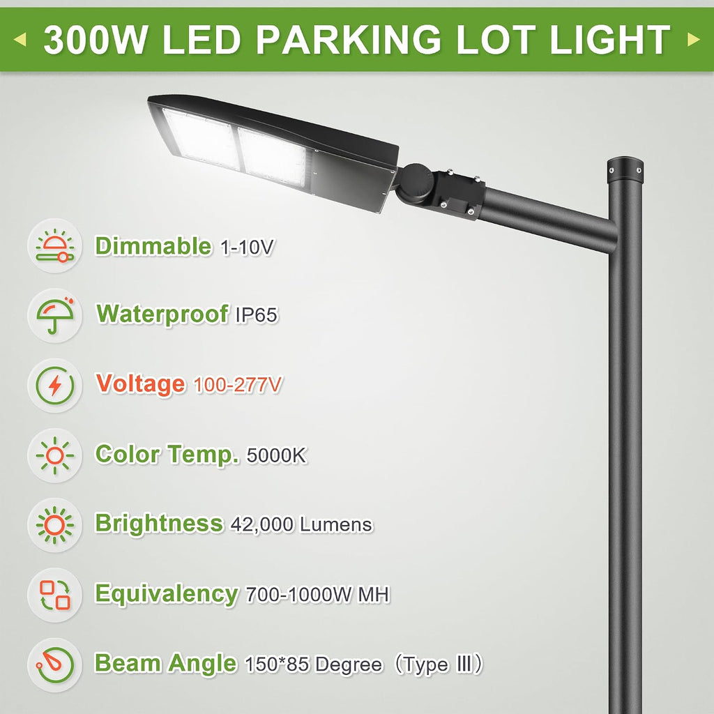 300W LED Parking Lot Light, 42,000 Lumens Shoebox Area Light 5000K, Slip Fitter Mount, Surge Protection, Replaces 1000W MH/HPS, 100-277V, UL Listed