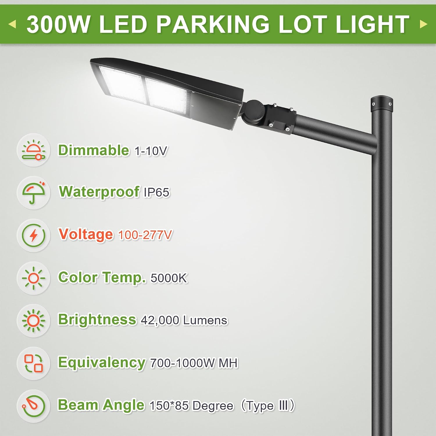 300W LED Parking Lot Light, 42,000 Lumens Shoebox Area Light 5000K, Slip Fitter Mount, Surge Protection, Replaces 1000W MH/HPS, 100-277V, UL Listed