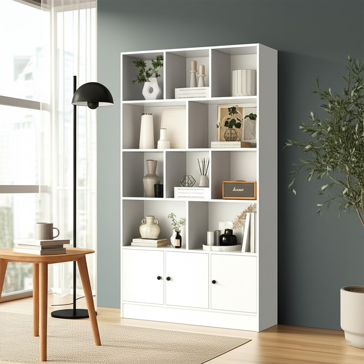 Anystyle White 5-Tier Bookshelf, 13-Cube Display Cabinet with 3 Doors, Freestanding Bookcase with Anti-Tip Kit for Living Room & Home Office, 35.4' W x 11.8' D x 65' H