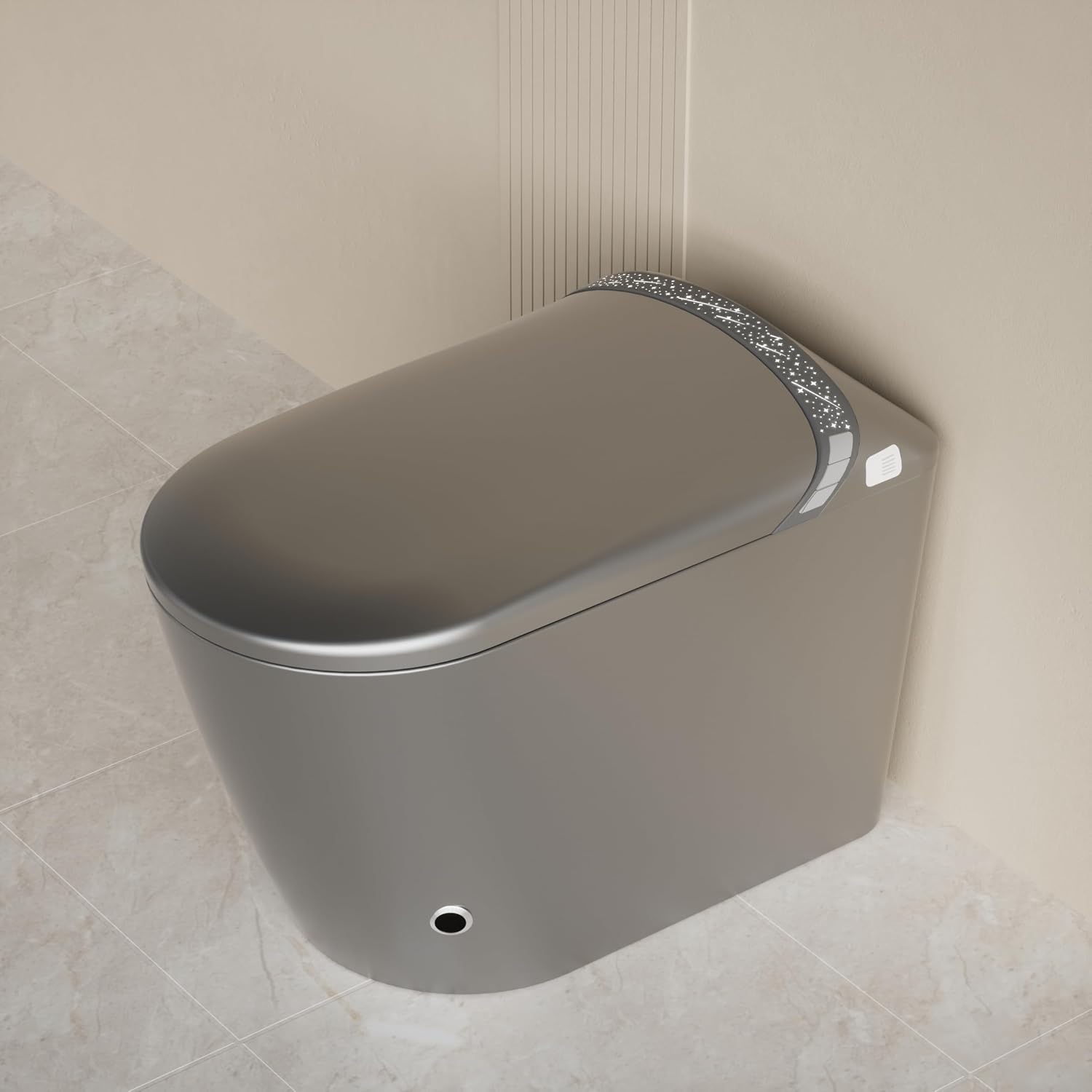 Smart Toilet with Starry Night Lighting Effects,Bidet Build in,Warm Air Drying,LED Light, Heated Seat, Automatic Switch Seat,ADA Comfortable Height (Grey)