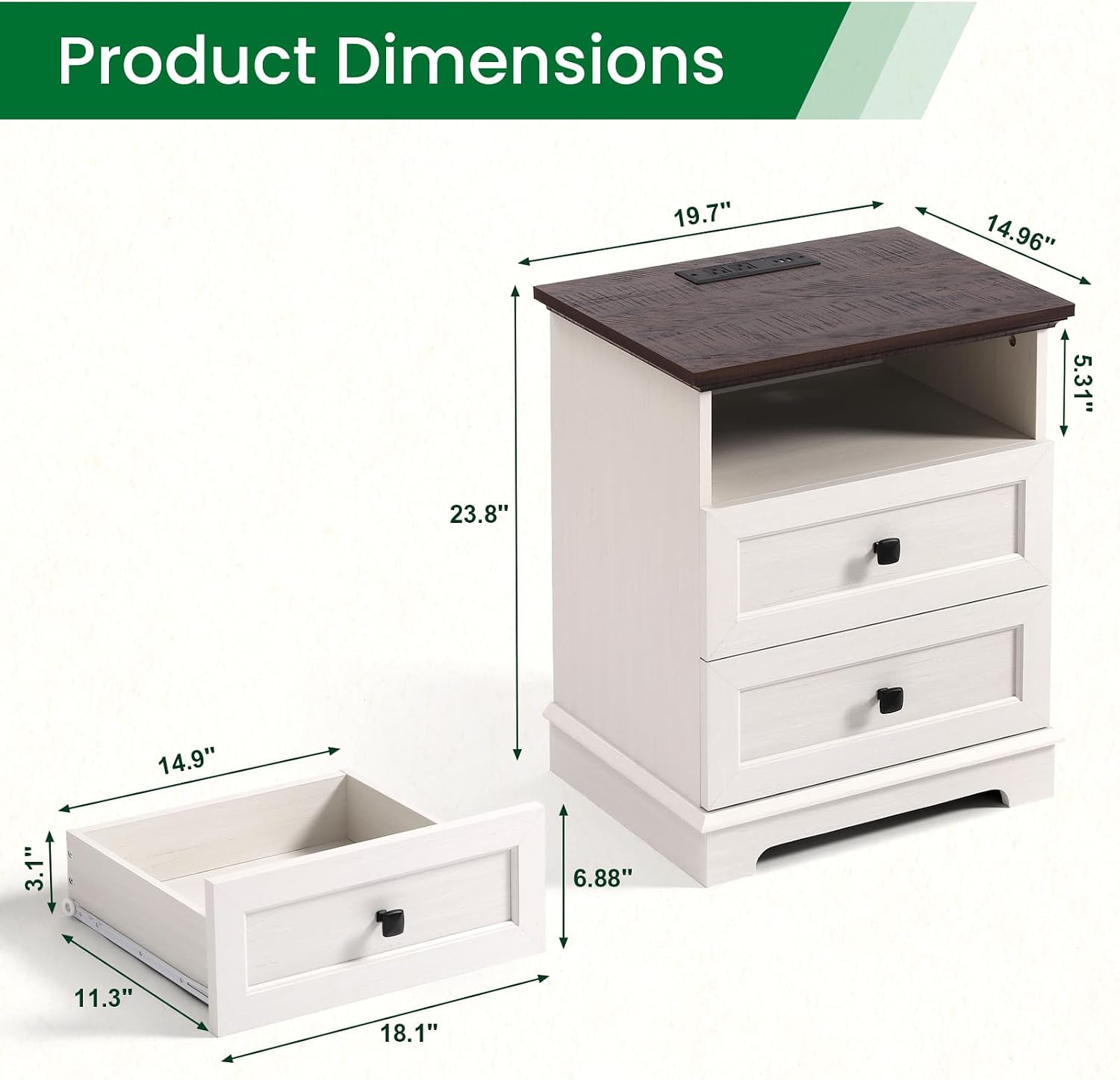 20-Inch Wide Modern Nightstand with Charging Station & Outlets, Bedside Table with 2 Drawers and Open Shelf, Sleek Design End Table for Bedroom and Office, White (Single Piece)
