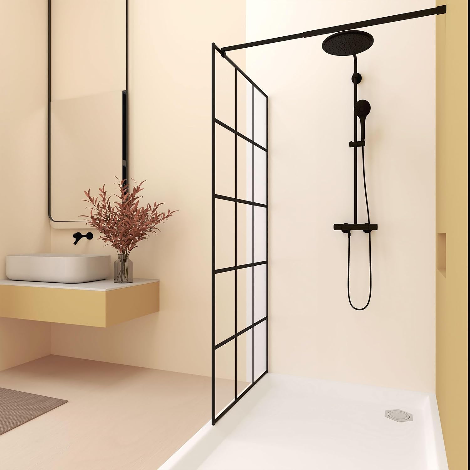 Framed Glass Shower Screen 34' Width x 72' Height with 1/4' 6mm Silk-Printing Tempered Glass, Matte Black Aluminum and Support bar, Shower Door