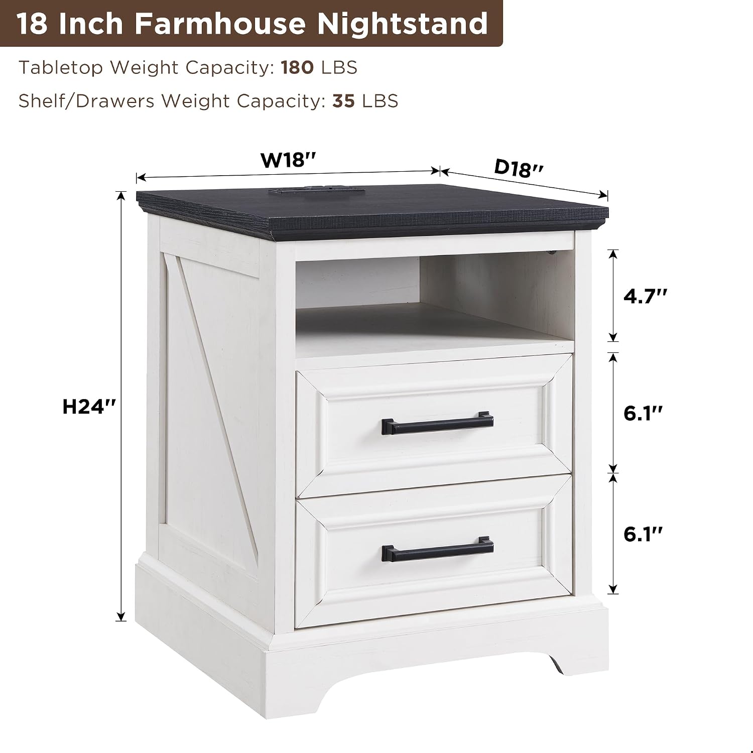ACCOHOHO 18' Farmhouse Nightstand with Charging Station,End Table with 2 Drawers Storage,Side Table,Bedside Cabinet for Bedroom,Living Room,Antique White | for Bedroom, Living Room