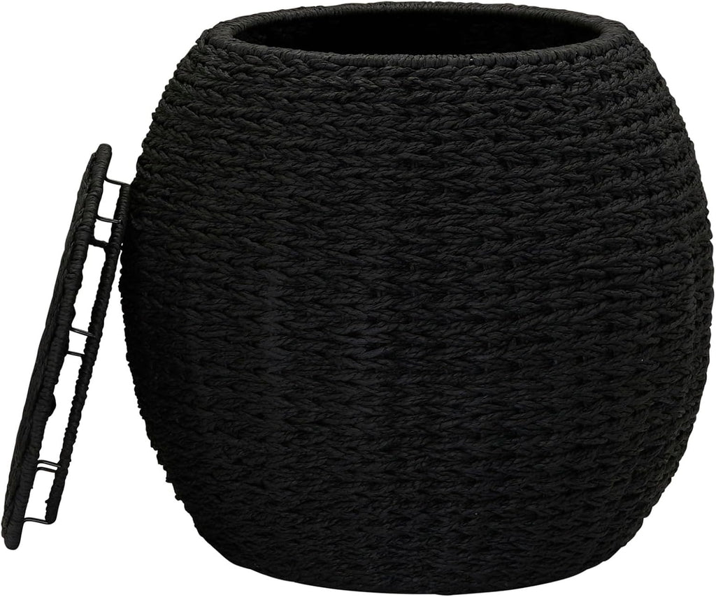 Household Essentials Handwoven Paper Rope Barrel Wicker Storage Basket Side Table, Black