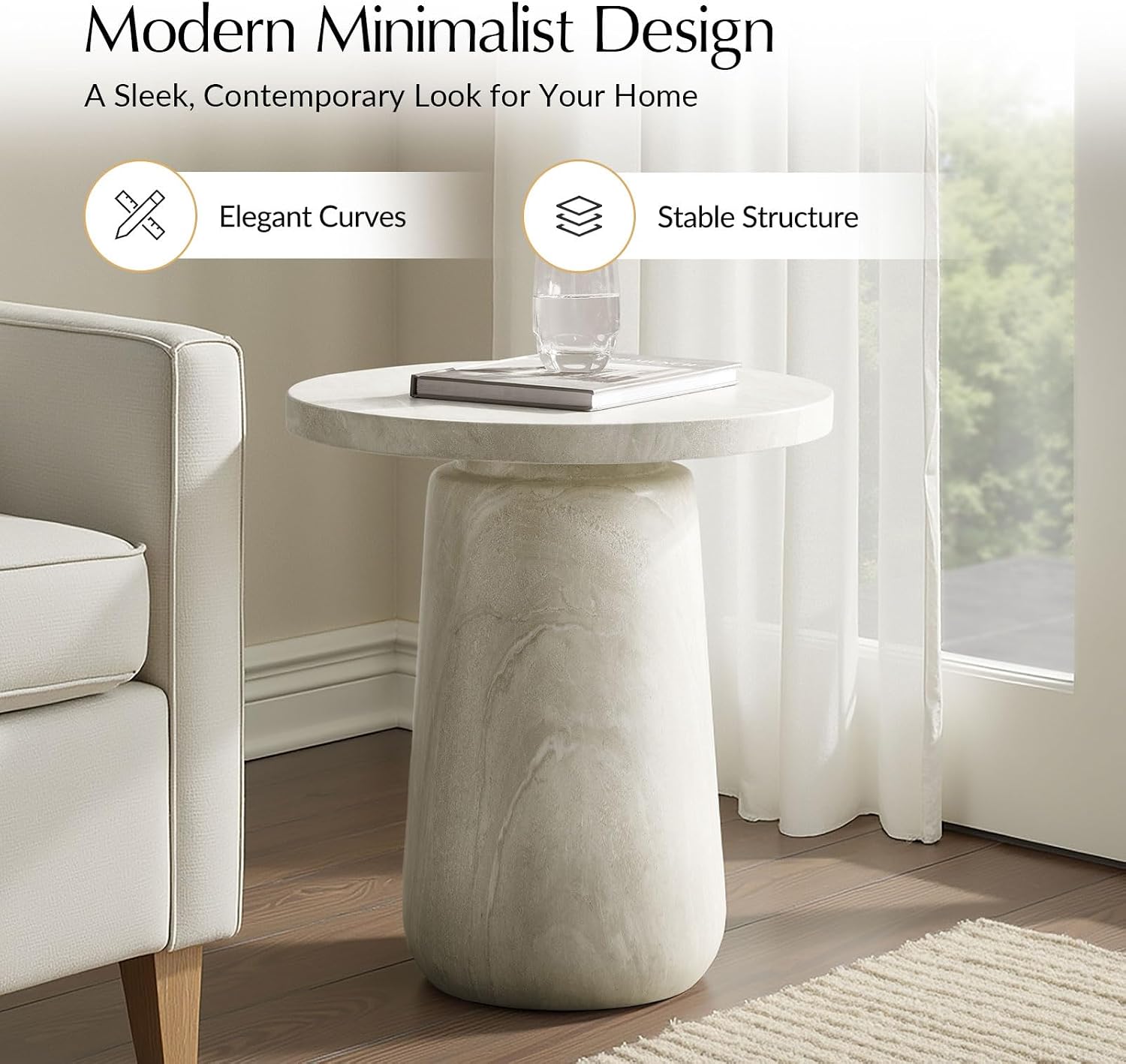 HULALA HOME Sculptural Round End Table with Pedestal Base, Faux Marble Accent Table for Modern Living Room(Beige)