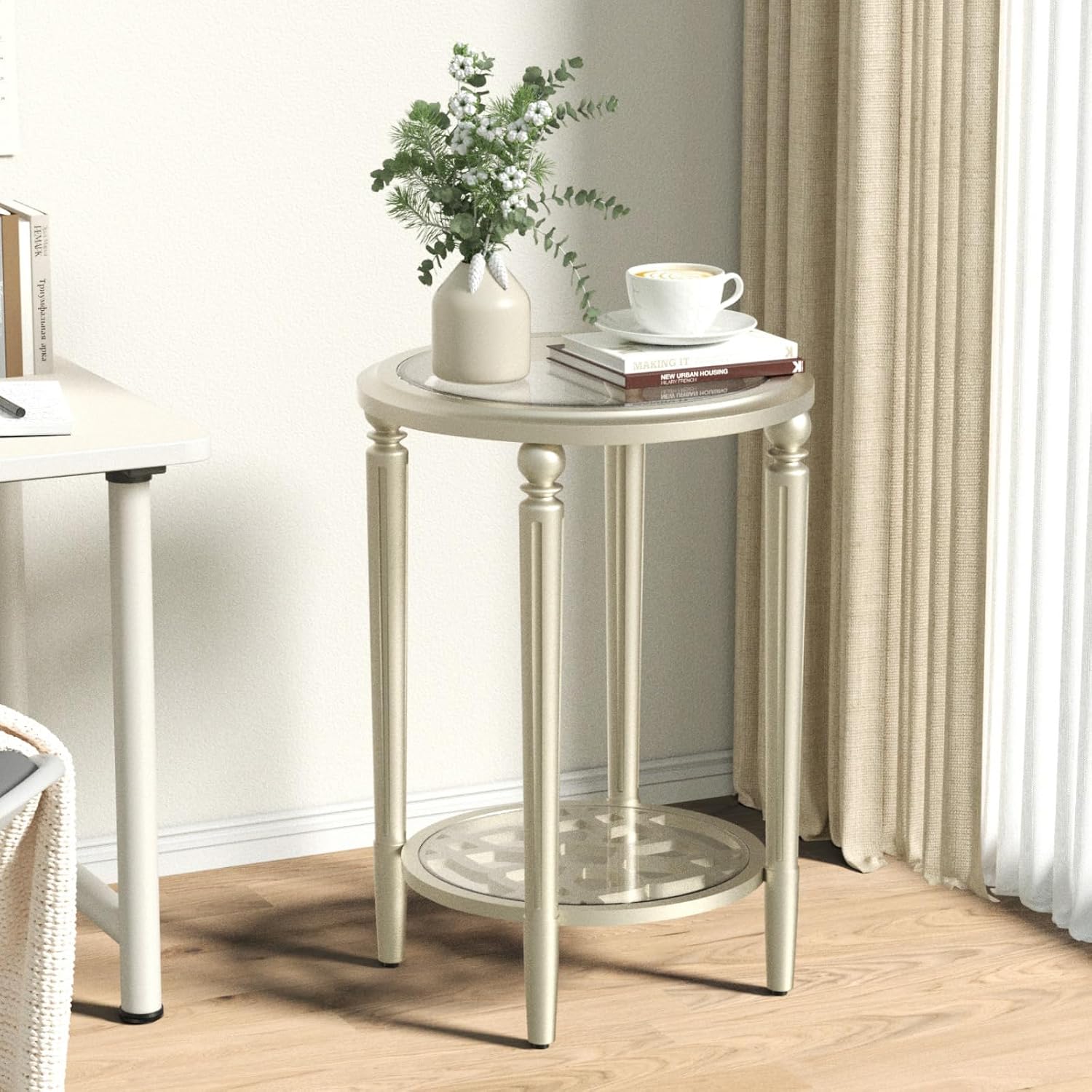 SUNBURY Set of 2 Modern End Tables with Tempered Glass Tops & Glass Lower Shelves, MDF Nightstands for Living Room, Bedroom, Dining Room (Champagne)