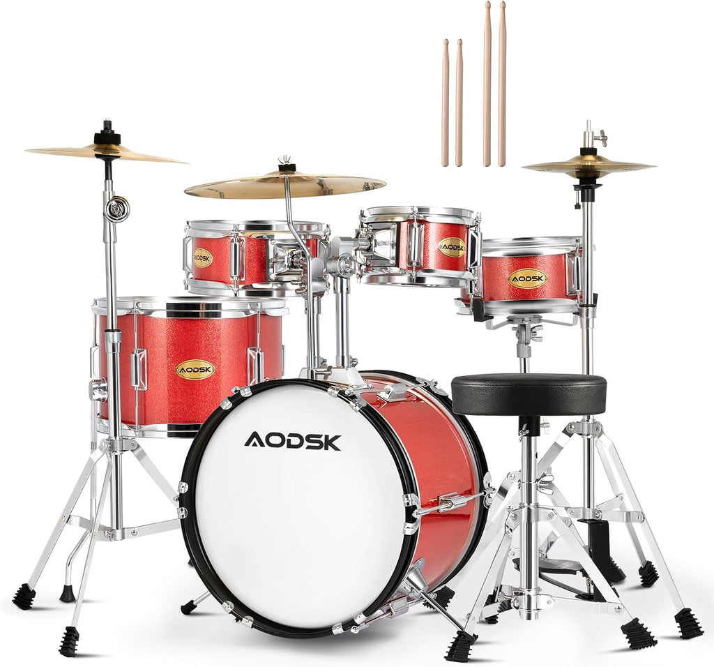 AODSK Drum Sets 5-Piece for Beginners, 14 inch Full Size Complete Drum Kit with Adjustable Throne, Cymbal, Hi-Hat, Pedal & Drumstick