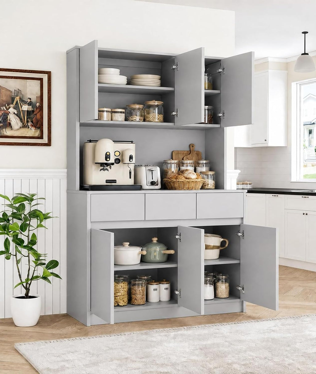 71' Kitchen Pantry Cabinet,Tall Storage Cabinet with Doors & Shelves Adjustable, Kitchen Storage Hutch with Microwave Shelf,Coffee Bar,Led Lights&Charging Station,Corner Pantry Cabinet for Living Room