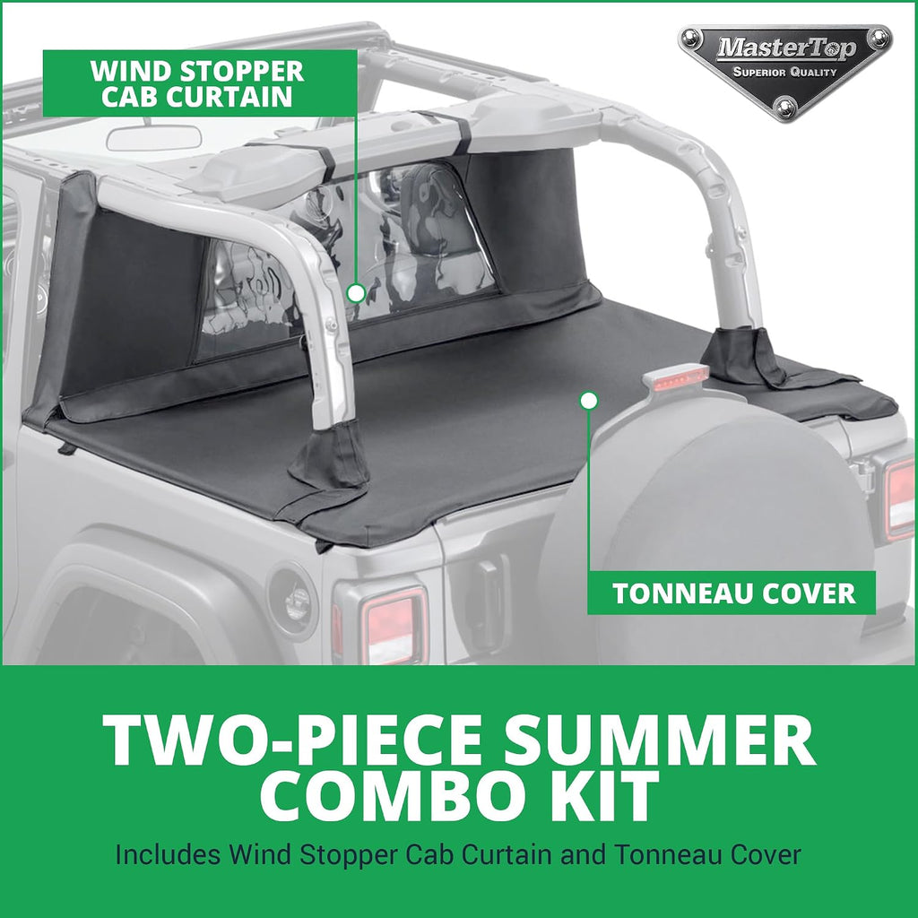 MasterTop Tonneau Cover & Wind Stopper Combo, Black Diamond - Fits Jeep Wrangler JL 2-Door 2018-2024 Hard Top Models - Wind Breaker Blocks Backdrafts - Keeps Cargo Area Clean
