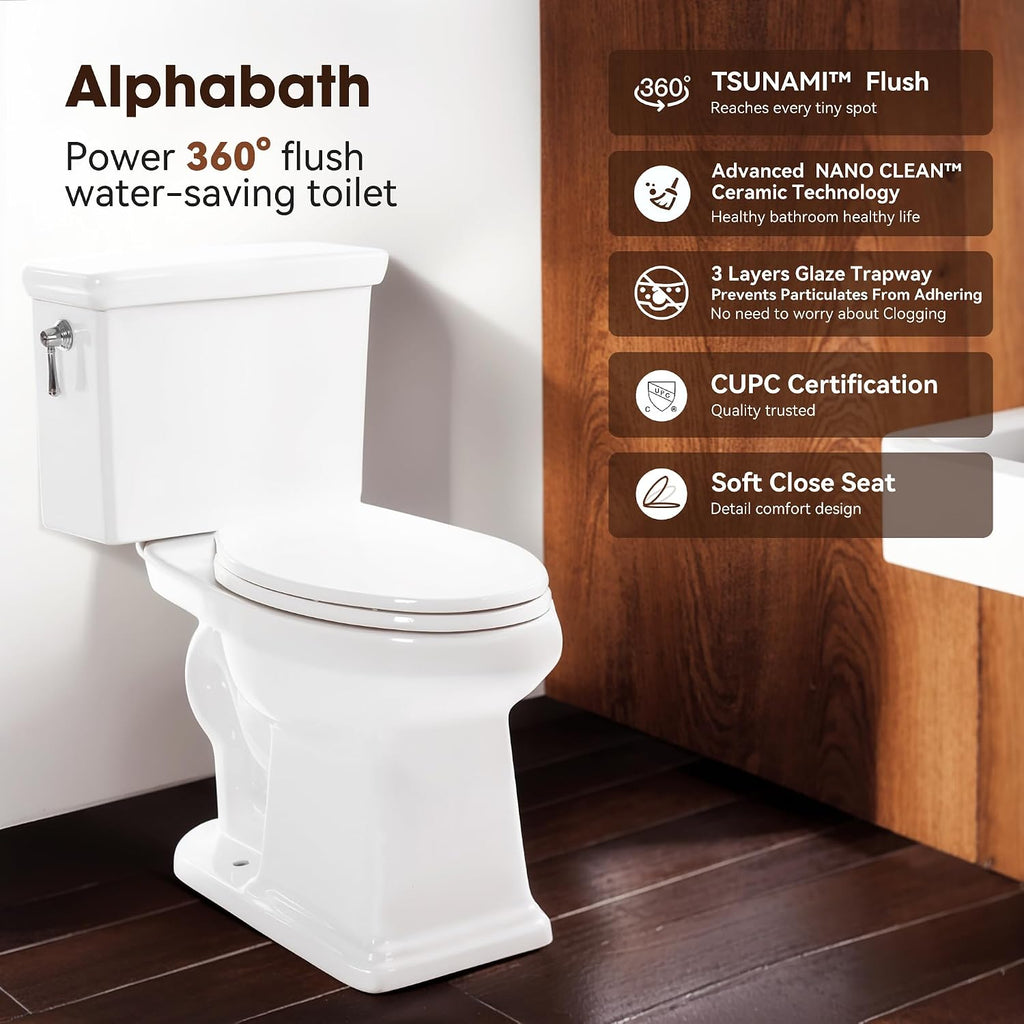 17' Comfort Height Toilet with Soft Close Seat, Two piece Toilets for Bathroom, Nano Self-Cleaning Glaze, 1.27 GPF Powerful Single Flush, Easy to Clean & Install, ADA Height, 12' Rough-In