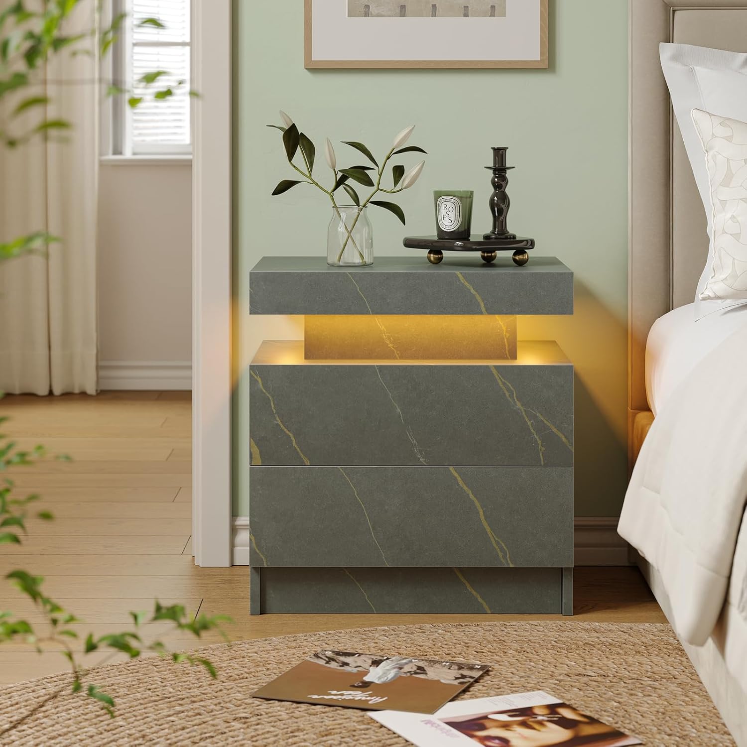 Cubehom Nightstands Set of 2, Bedside Tables with LED Lights, Night Stands with 2 Wood Drawers, End Tables Set of 2 for Living Room/Bedroom