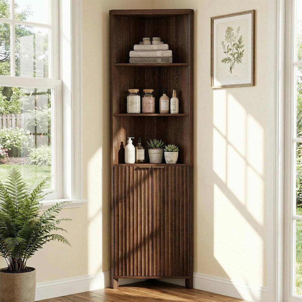 VINGLI Tall Corner Cabinet with Fluted Doors, 68' Walnut Corner Storage Cabinet with Adjustable Shelves, Freestanding Wood Corner Bookshelf for Bathroom, Living Room & Kitchen, Space-Saving