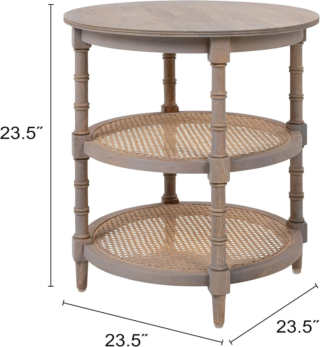 Creative Co-Op Round Solid Wood End Table with 2 Woven Cane Shelves, Grey Washed
