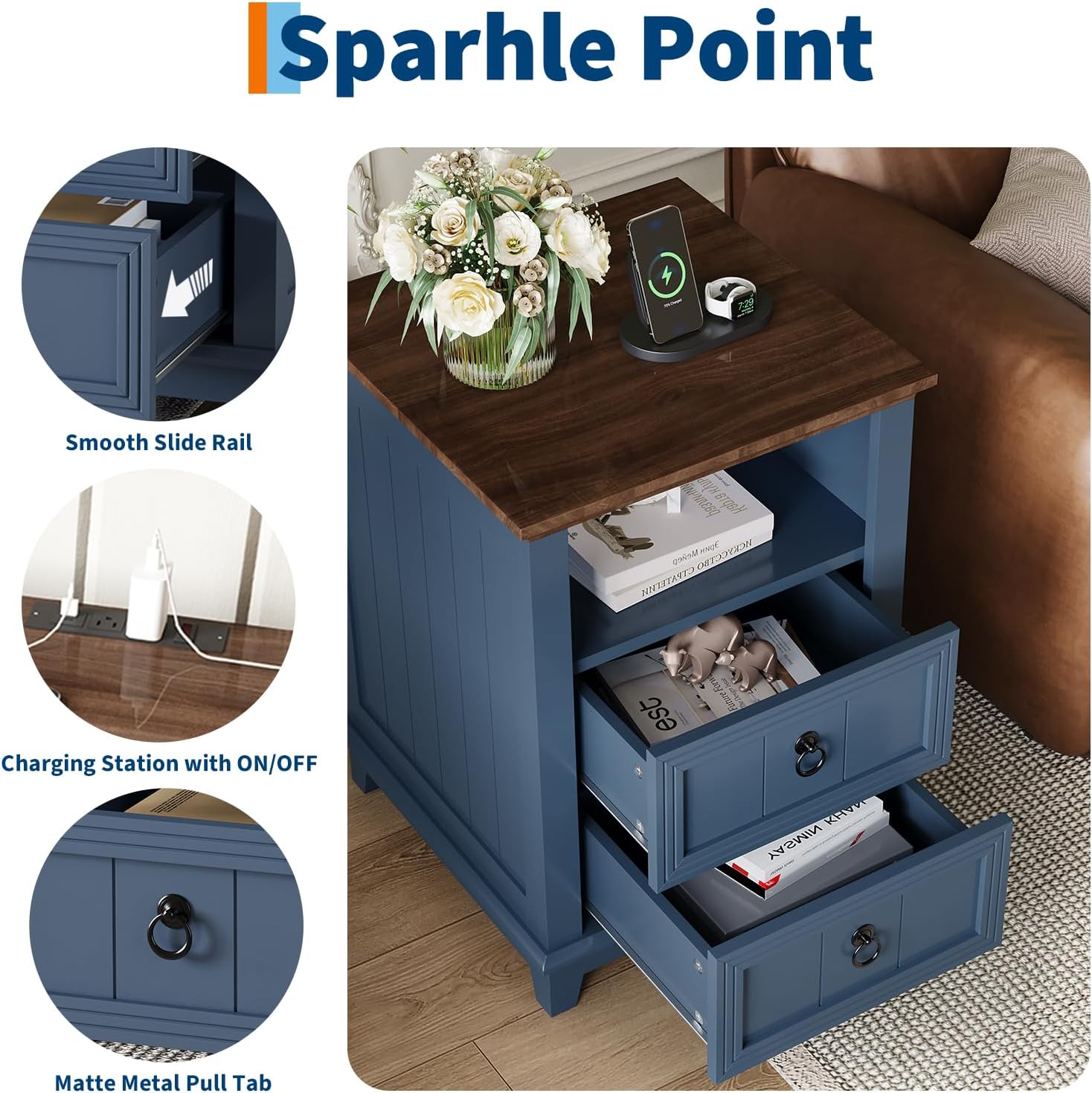 IDEALHOUSE 18in Nightstand Set of 2 with Charging Station, Farmhouse Bed Side Table Wood End Table with 2 Drawers and Open Shelf for Bedroom Living Room, Blue