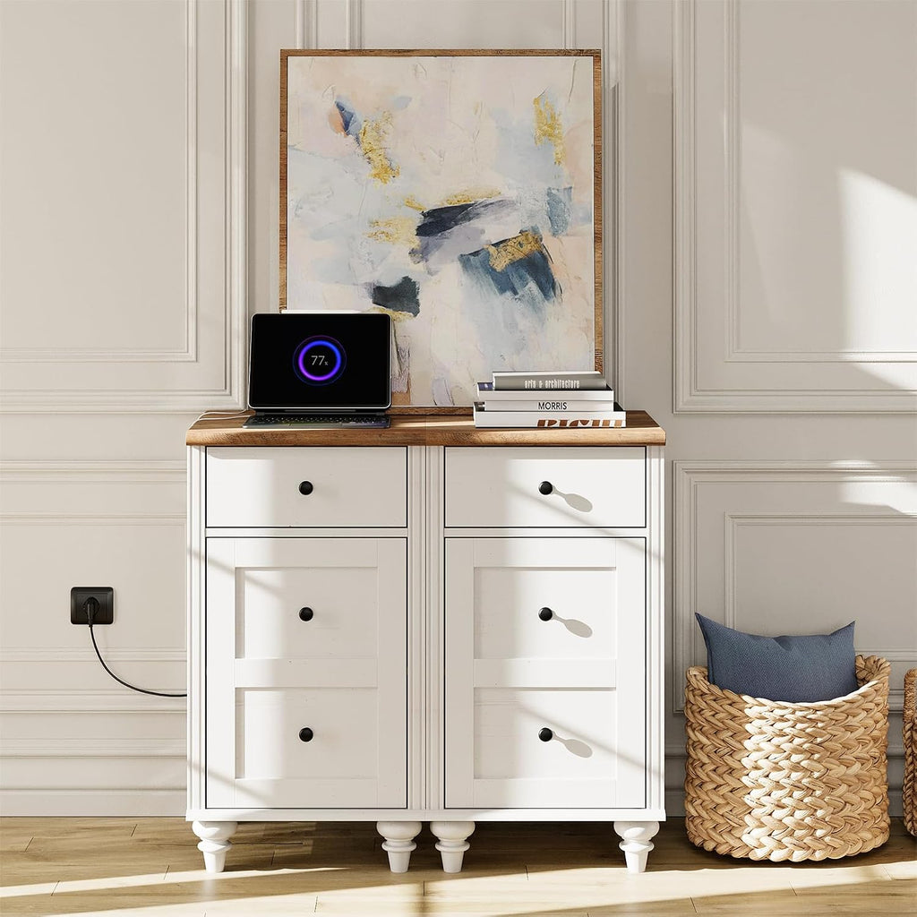 WAMPAT White End Table with Charging Station, Nightstand with Power Outlets & USB Ports, Modern Side Table with Drawer and Storage Cabinet for Bedroom (2PCS)