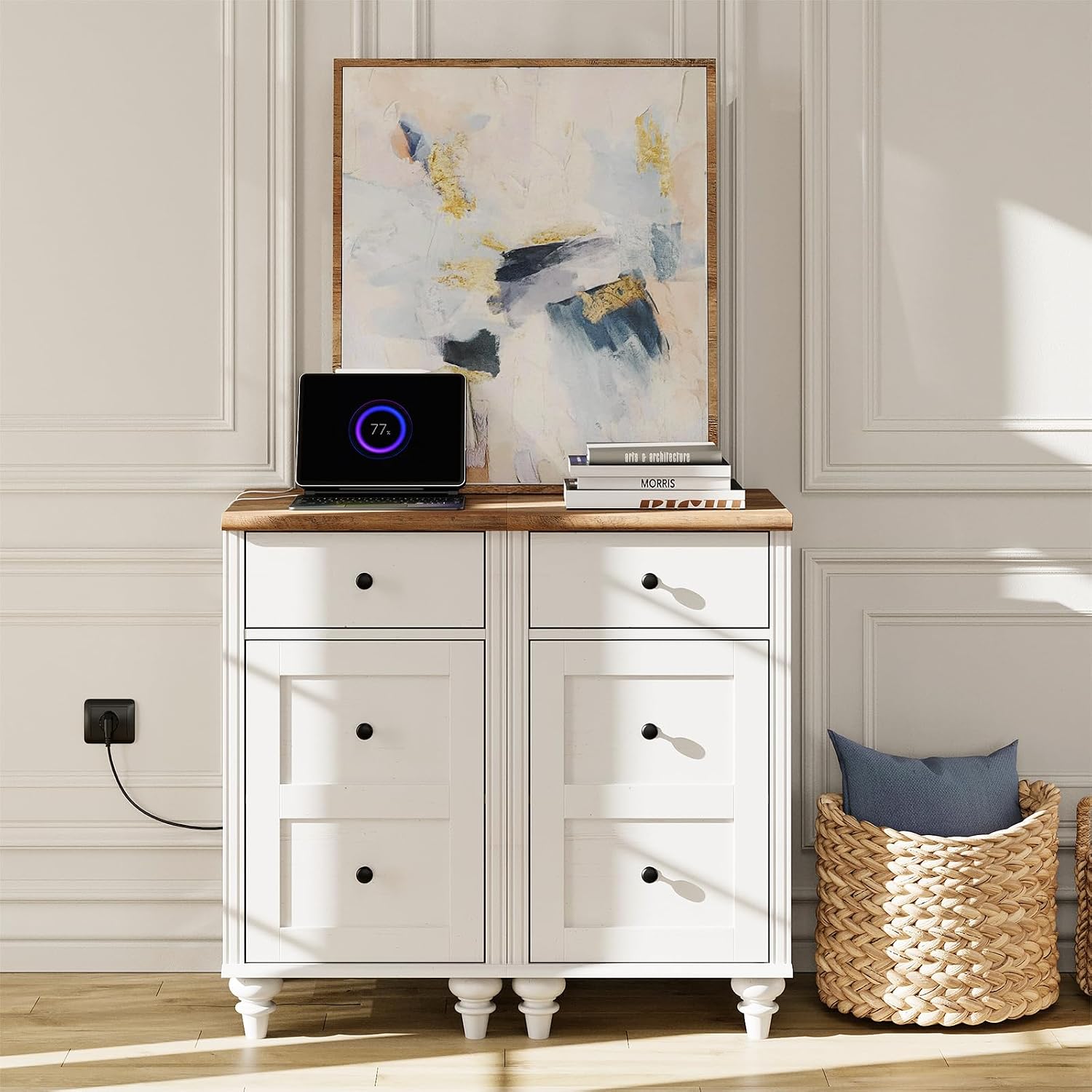 WAMPAT White End Table with Charging Station, Nightstand with Power Outlets & USB Ports, Modern Side Table with Drawer and Storage Cabinet for Bedroom (2PCS)