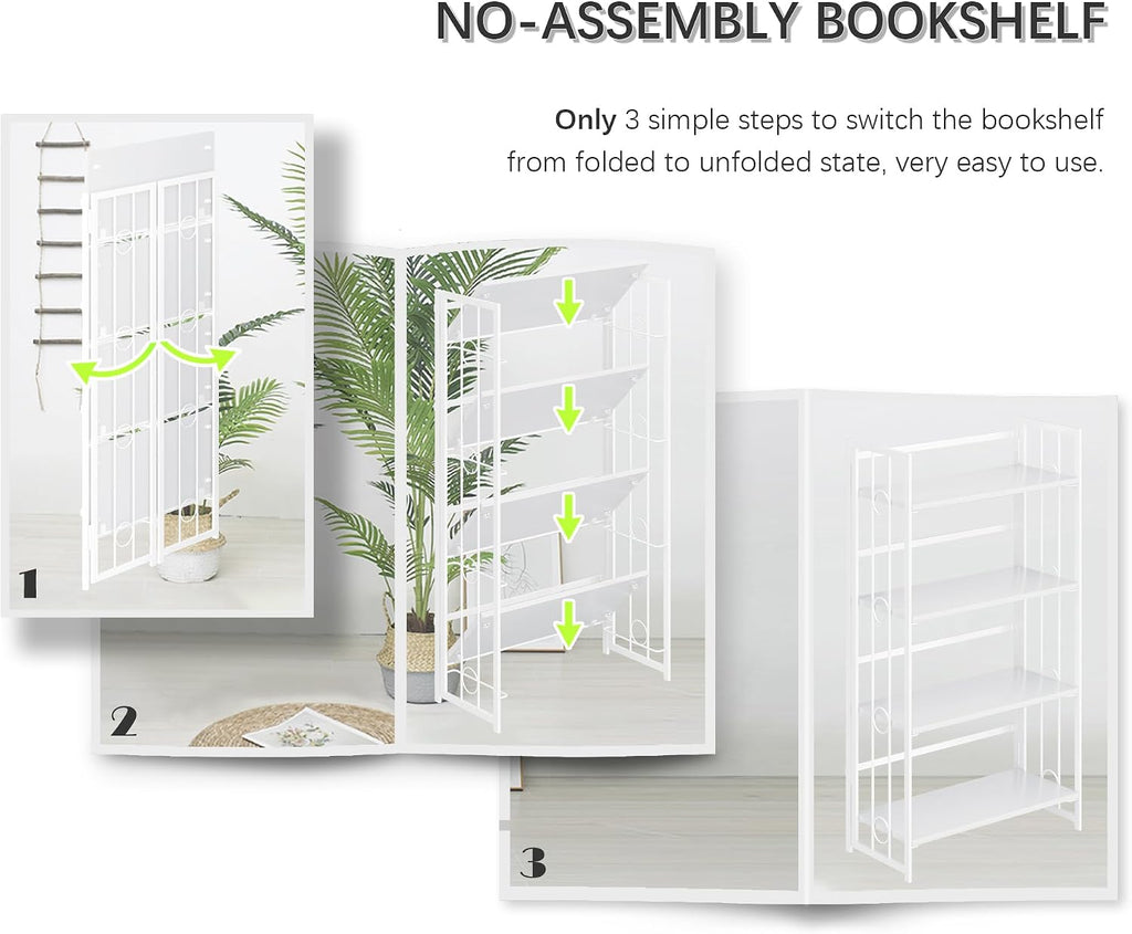 4NM No Assembly 4 Tiers Folding Bookshelf, 47.2' H Foldable Storage Shelves Vintage Bookcase Standing Racks Study Organizer Home Office - All White