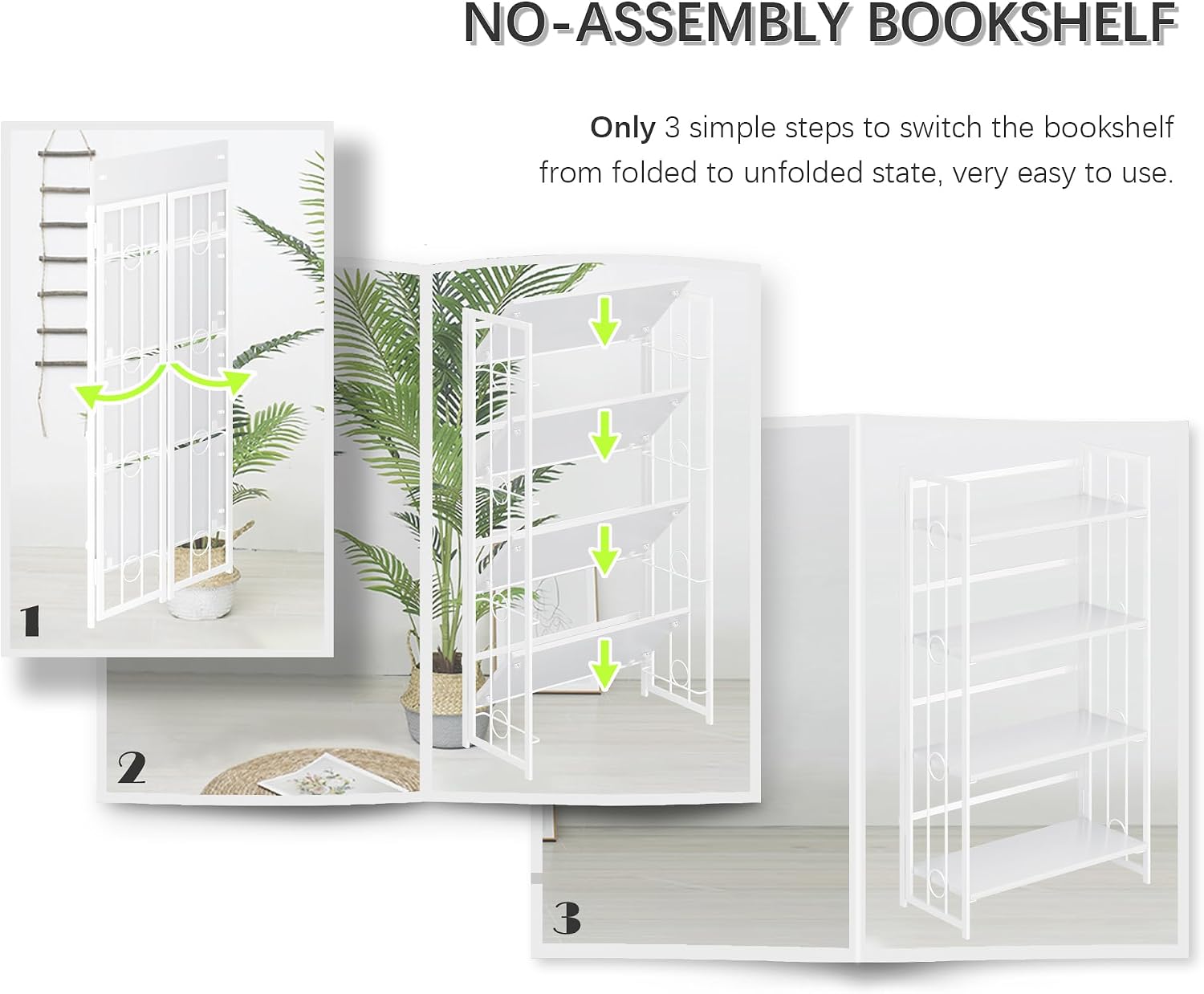 4NM No Assembly 4 Tiers Folding Bookshelf, 47.2' H Foldable Storage Shelves Vintage Bookcase Standing Racks Study Organizer Home Office - All White