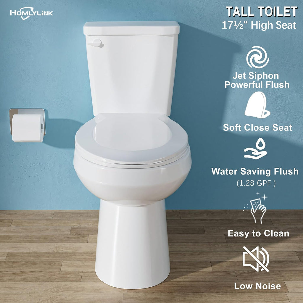 17.5' ADA Compact Chair Tall Toilet for Seniors 1.28 Single Flush White | Round High Toilet for Small Bathroom Space, Comfort Bowl Height 16.75', 12' Rough In