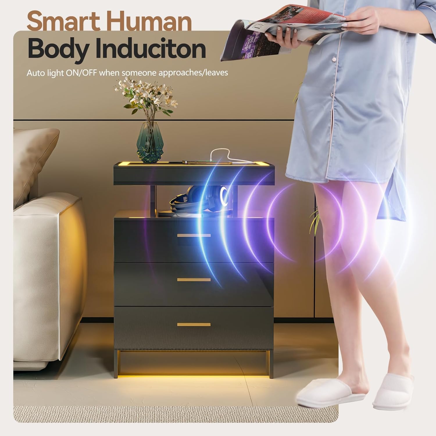 Black Night Stand Set 2 with Wireless Charging Station,Smart Bedside Table with 3 Drawers,Modern Glass Top End Side Table with 3 Color Dimmable,LED Nightstand for Bedroom