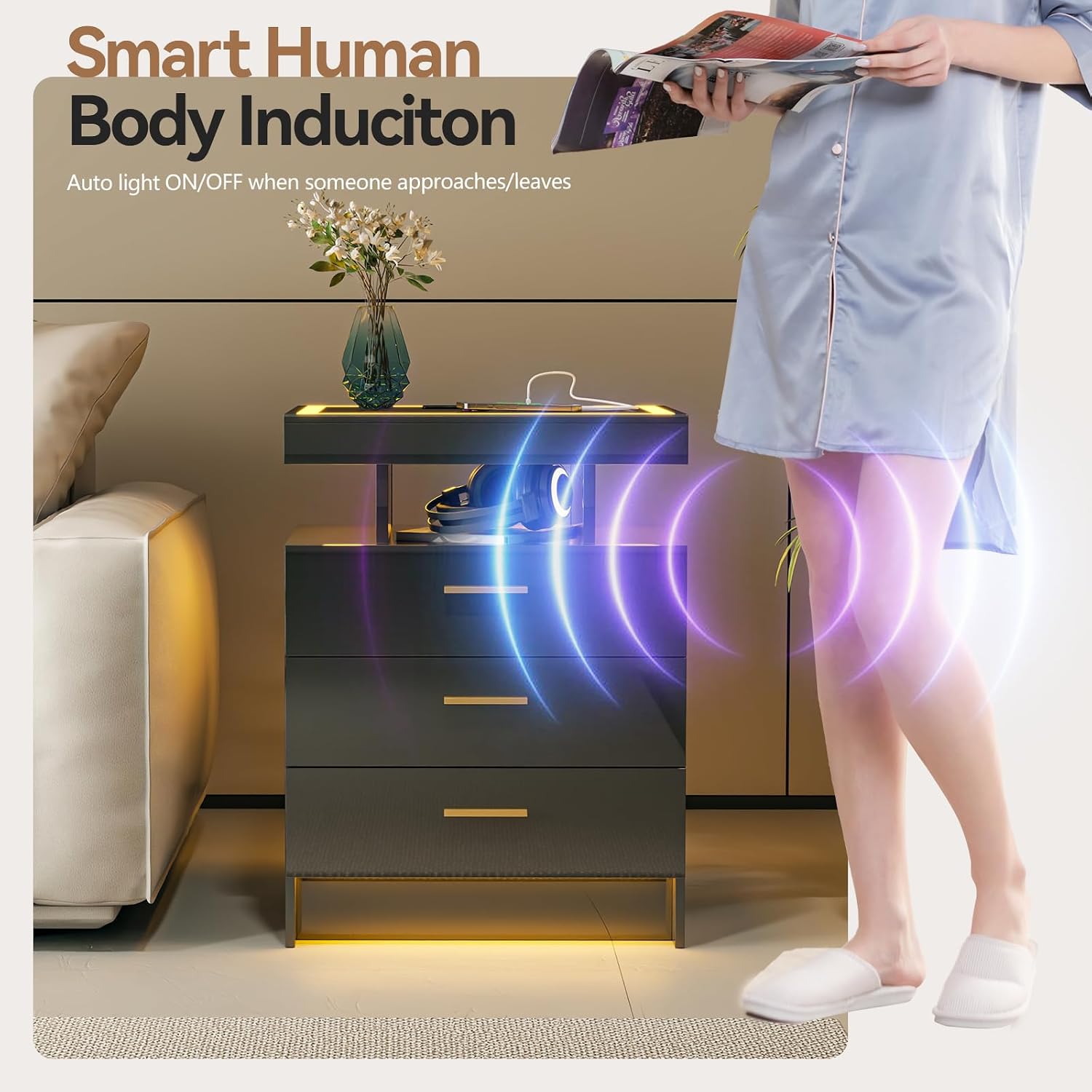 Black Night Stand with Wireless Charging Station,Smart Bedside Table with 3 Drawers,Modern Glass Top End Side Table with 3 Color Dimmable,LED Nightstand for Bedroom