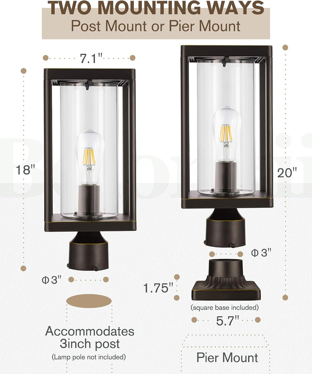 Beionxii Outdoor Post Lights, 20in Post Lantern with Pier Mount Base, Aluminum Street Lights with Glass, Fence Post Deck Lighting for Garden, Patio, Pathway, BXA291-P-2PK-O (NOT Solar, 110-120V AC)