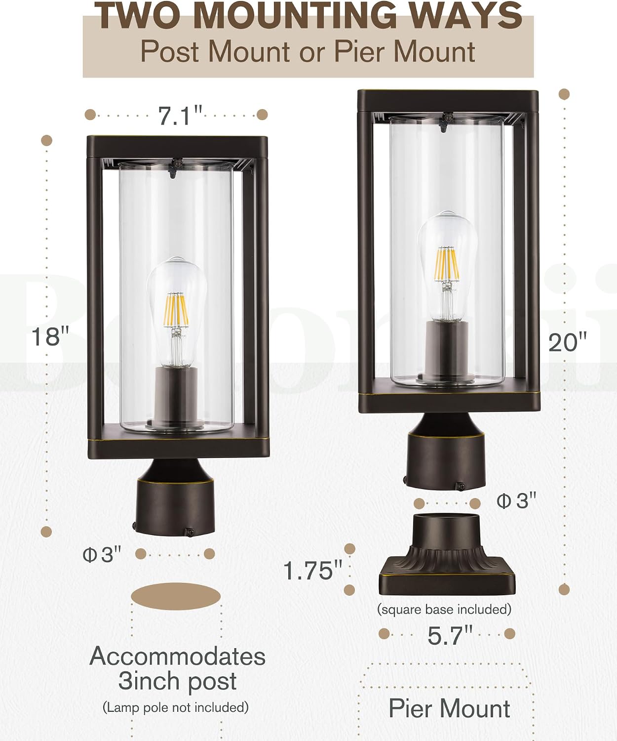 Beionxii Outdoor Post Lights, 20in Post Lantern with Pier Mount Base, Aluminum Street Lights with Glass, Fence Post Deck Lighting for Garden, Patio, Pathway, BXA291-P-2PK-O (NOT Solar, 110-120V AC)