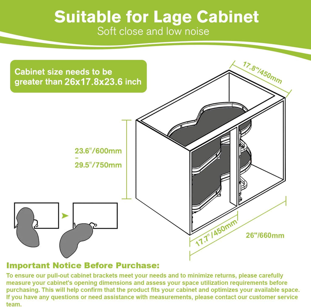 Blind Corner Cabinet Pull Out Organizer, Soft Close Swing Left Pull Out Cabinet Organizer 26 inch, Corner Cabinet Lazy Susan for Cabinet Blind Shelf, 2 Tiers Tray, Adjustable Height
