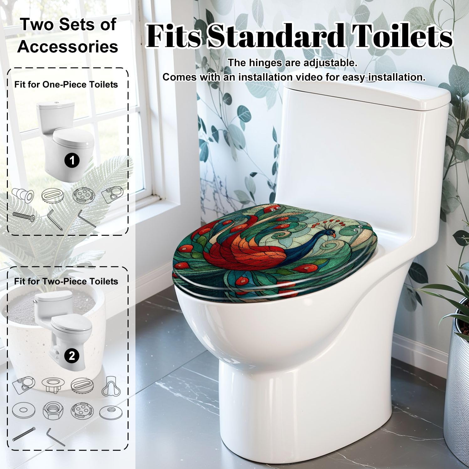 Elongated Toilet Seat Sleek Stained Glass Geometric Tail Green Blue Resin Toilet Seat Slow Quiet Close Lid with Quick-Release Hinges Cover Bumpers Easy to Clean Install