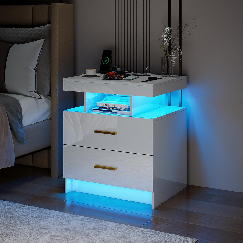 Smart Night Stand Set of 2 with Charging Station, Modern White Nightstand with 24 Color Lights and 2 Drawers, LED Bedside Tables with Auto Senor,High Gloss End Side Table for Bedroom