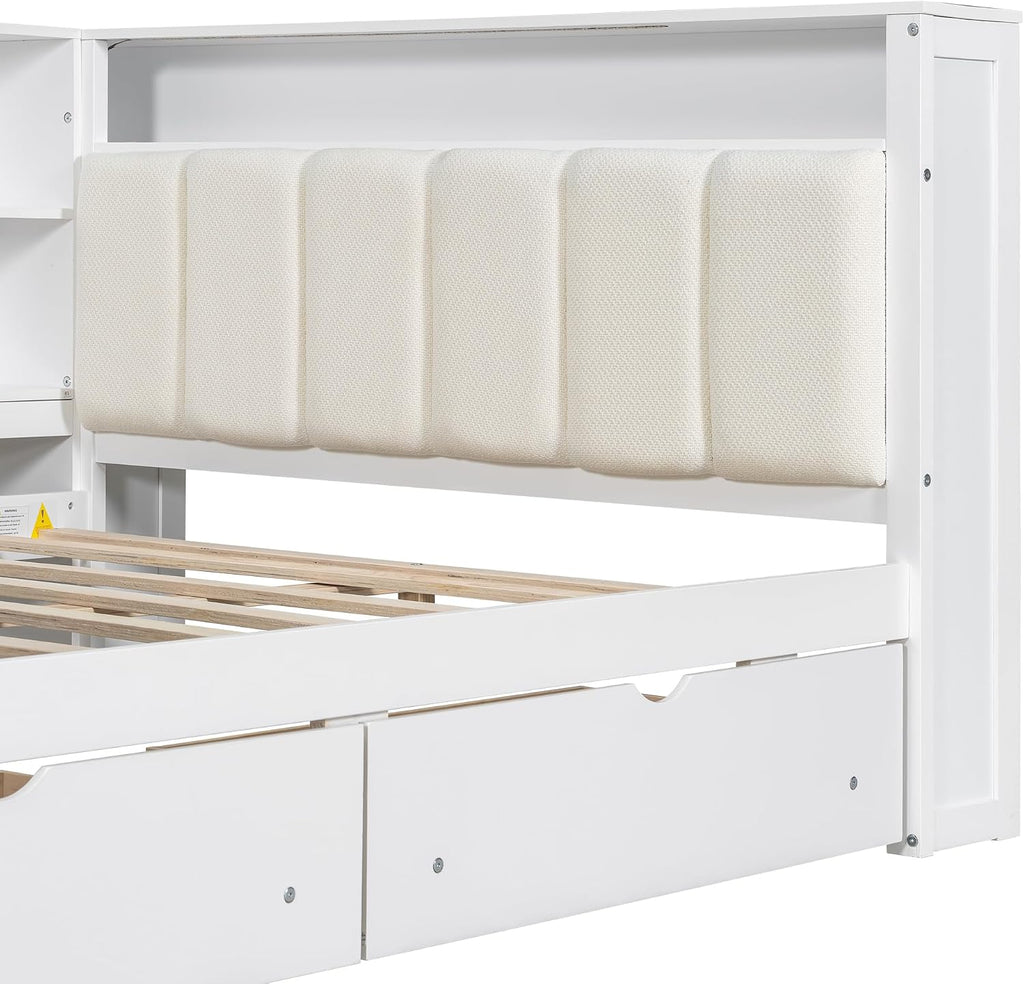 Bellemave Full Corner Bed with Storage Shelves and Desk, Upholstered Headboard Daybed with Bookcase and Drawers，Daybed with Storage, White+Beige Cushion
