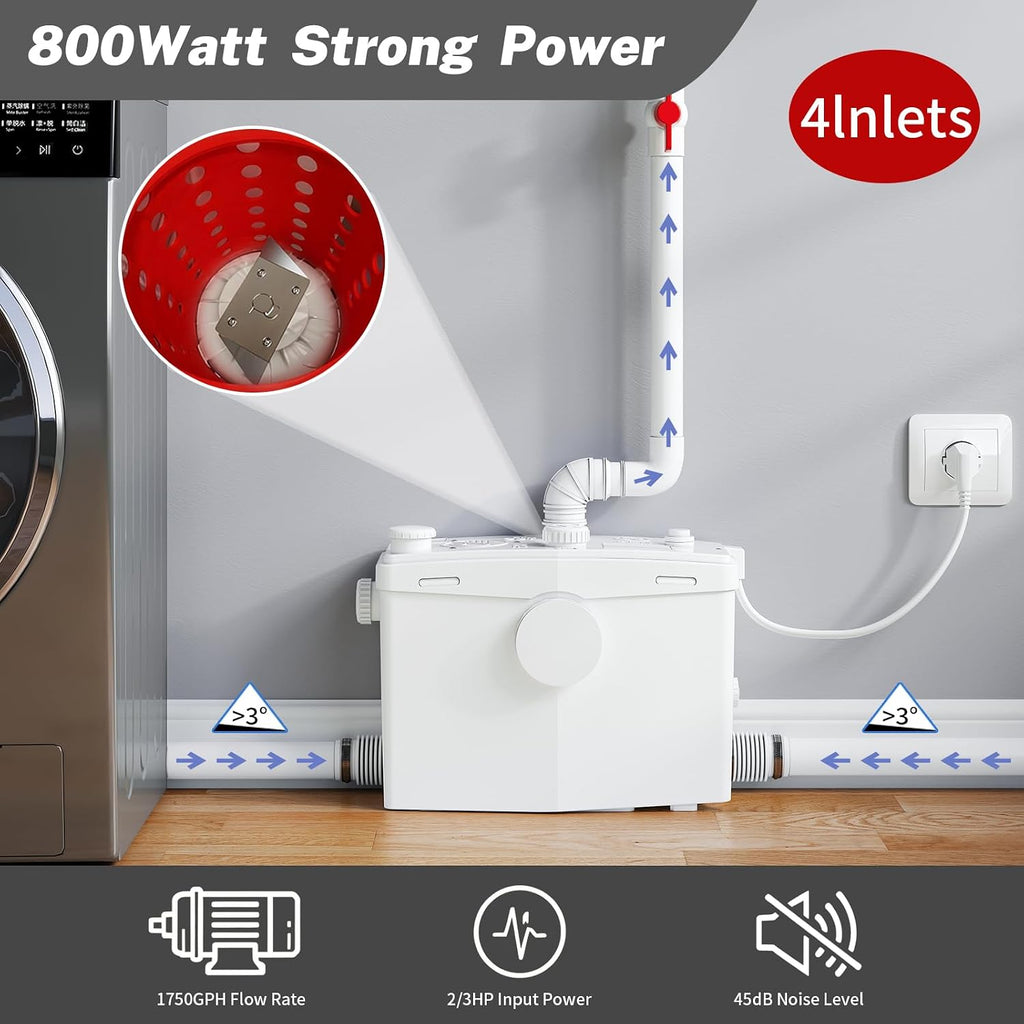 800PRO Macerating Toilet with Pump, Two-Piece Upflush Toilet For Basement, Powerful & Quiet Macerating Pump System With 4 Water Inlet, 23Ft Vertically, Elongated Bowl