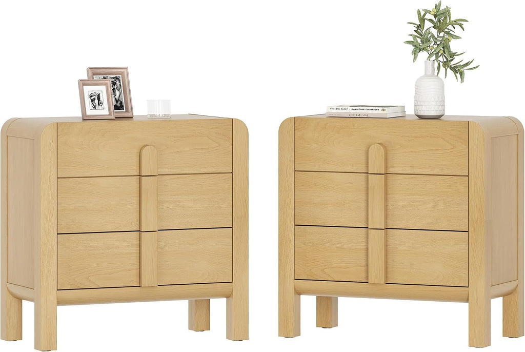 WAMPAT Nightstands Set of 2, Large Nightstands with 3 Drawers, Modern 31.5' Tall Wooden End Tables with Storage, Oak Nightstands Bedside Tables with Curved Design for Bedroom