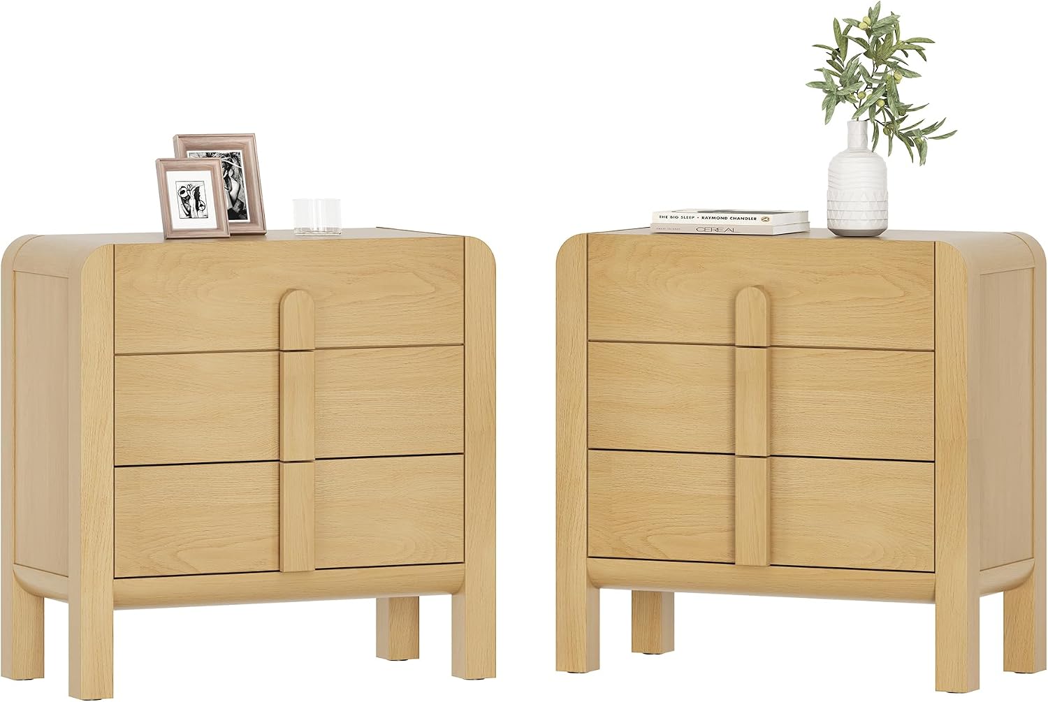 WAMPAT Nightstands Set of 2, Large Nightstands with 3 Drawers, Modern 31.5' Tall Wooden End Tables with Storage, Oak Nightstands Bedside Tables with Curved Design for Bedroom