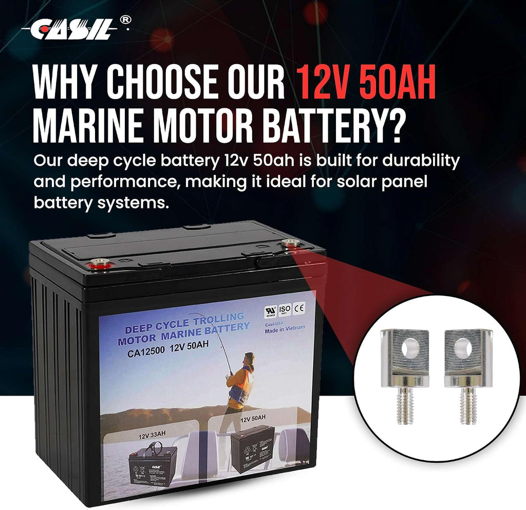 Casil 2 Pack 12V 50Ah Deep Cycle AGM Solar Battery Marine Battery Trolling Motor Battery for RV Minn Kota Electric Wheelchair Pride Motorized Wheelchair Electric Boat Motor and Solar Applications