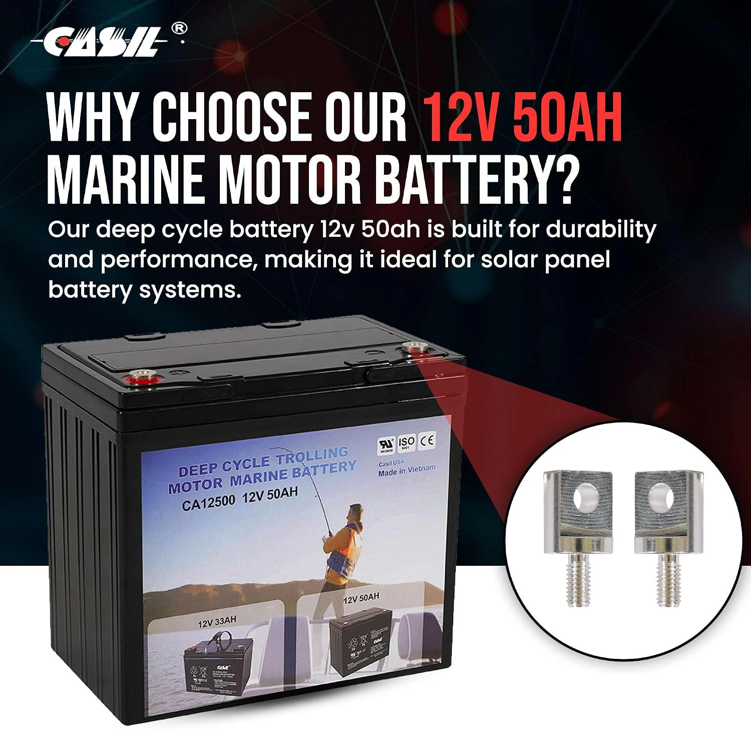 Casil 2 Pack 12V 50Ah Deep Cycle AGM Solar Battery Marine Battery Trolling Motor Battery for RV Minn Kota Electric Wheelchair Pride Motorized Wheelchair Electric Boat Motor and Solar Applications