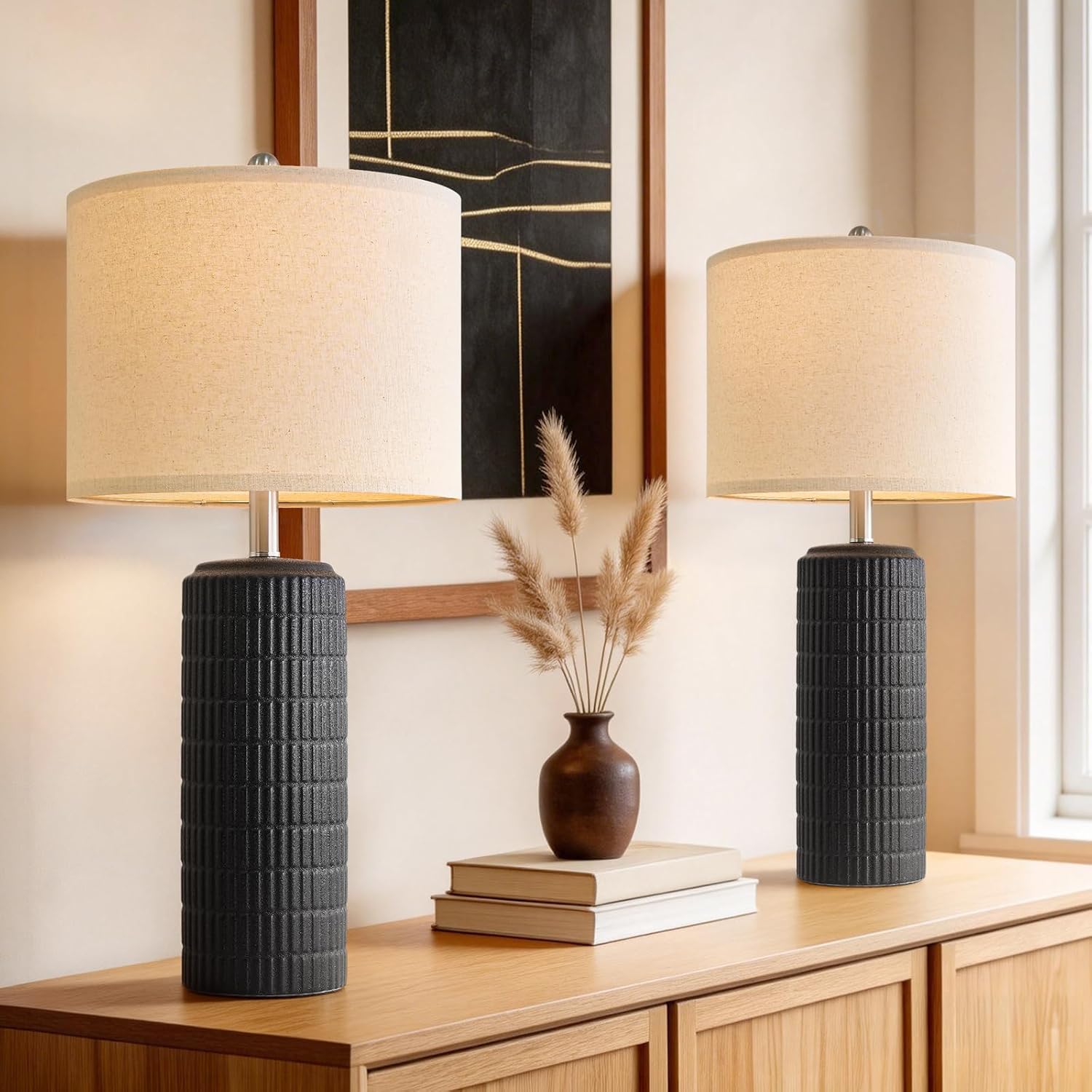 PoKat 27.5'' Tall Table Lamps Set of 2 for Living Room, Matte-Textured Farmhouse Ceramic Bedside Lamps for Bedroom, Modern Nightstand Lamps for Office Sideboard Hallway Home Decor, Matte Black