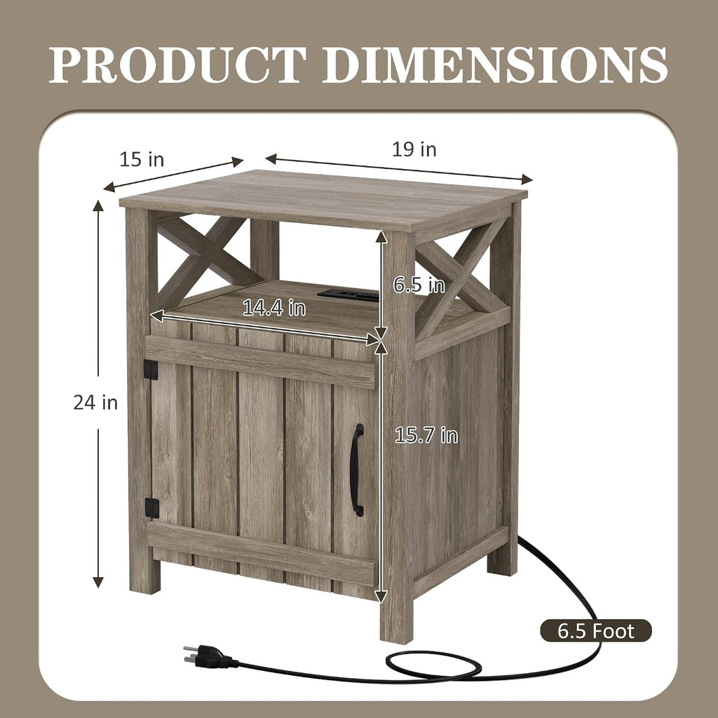 Farmhouse Nightstand Set of 2 with Charging Station, Gray, Side Table, End Table with Barn Door & Shelf, Rustic, for Bedroom, Living Room