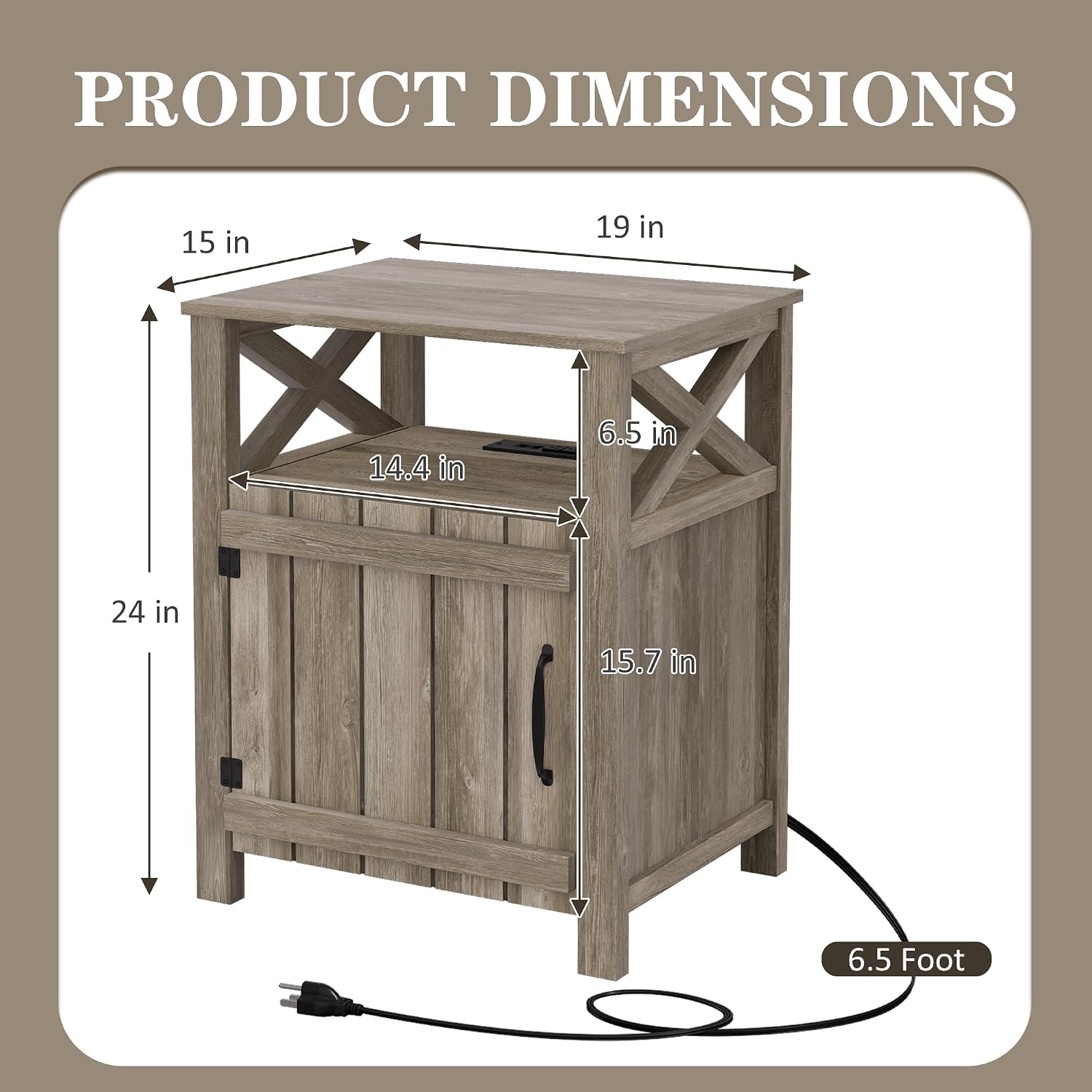 Farmhouse Nightstand Set of 2 with Charging Station, Gray, Side Table, End Table with Barn Door & Shelf, Rustic, for Bedroom, Living Room