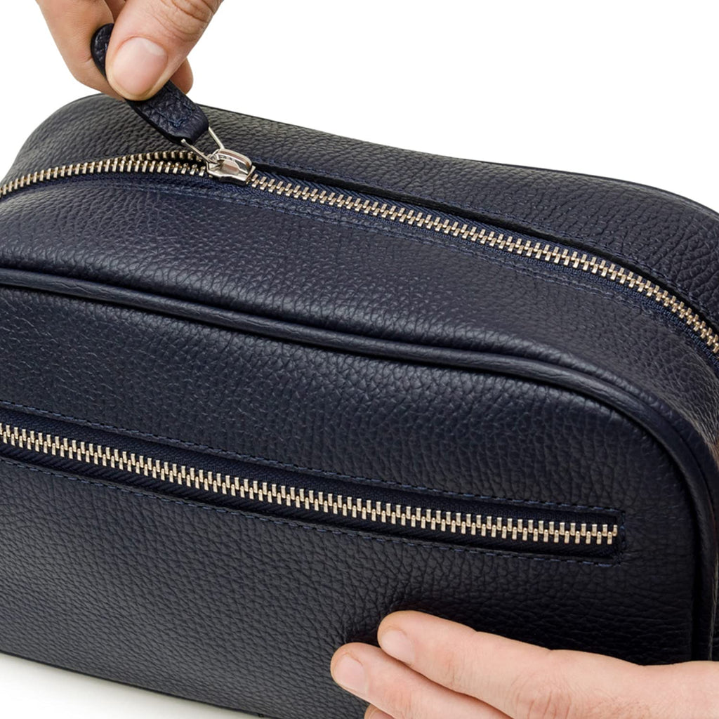 Maruse Italian Leather Toiletry Travel Bag with 2 Zippered Closures for Men and Women, Handmade in Italy, Navy