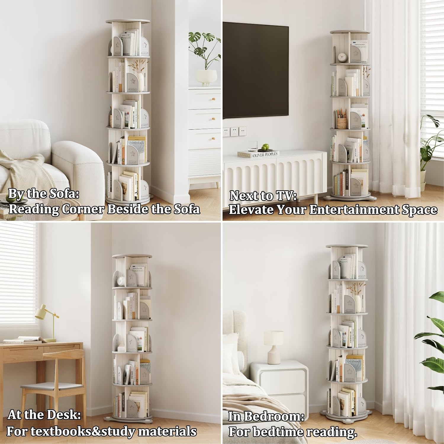 5-Tier Rotating Bookcase with Wheels, 360° Spinning Bookshelf Tower for Corner Spaces, Multi-Functional Book Display Stand & Organizer for Living Room, Bedroom, Classroom, Office - White